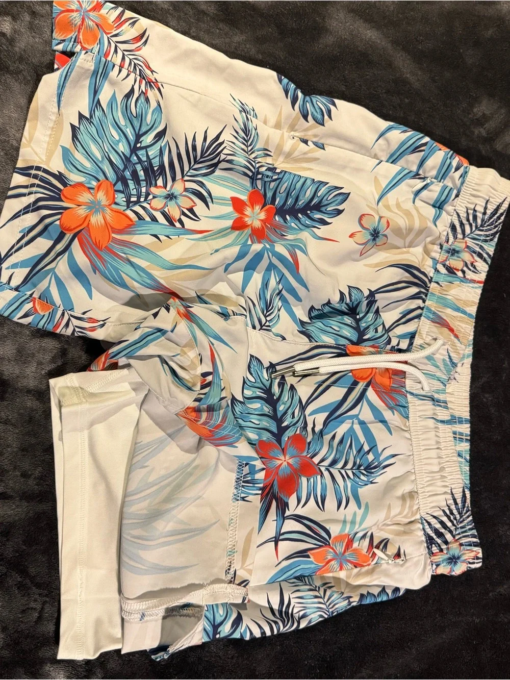 Women’s Floral Tropical Print Swim Shorts - White with Blue & Orange